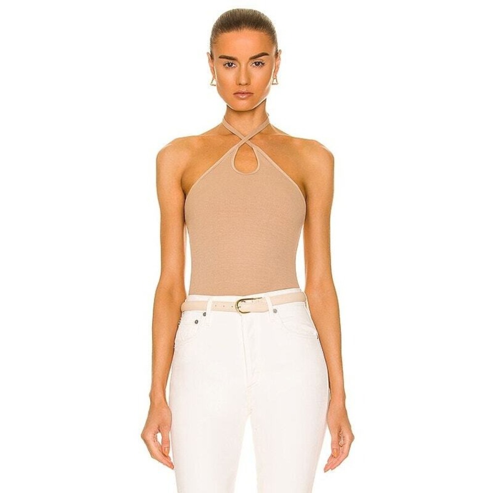 ENZA COSTA Halter Bodysuit Women Medium Tan Ribbed Silk Blend Keyhole Sleeveless - Picture 2 of 13